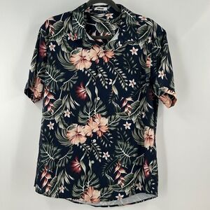 COOFANDY Mens Hawaiian Shirt Navy Blue Floral Palm Leaf Tropical Button Down M